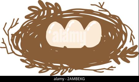 Bird's Nest with easter eggs in cartoon style isolated on white background. Natural branches interlacing. Vector hand drawn stock illustration. Organi Stock Vector