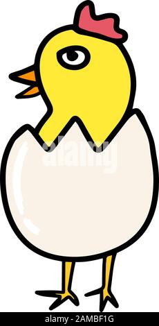 Cute little chick hatched from an egg in cartoon style isolated on white background.Single hand drawn bird. Colored vector stock illustration. Colorin Stock Vector