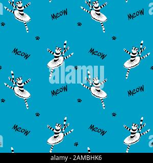 Seamless pattern with cute cartoon cat ballet dancer. Funny animal with paw prints and meow lettering. Flat vector illustration. Stock Vector
