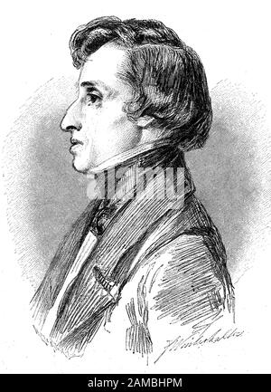 Frederic François Chopin, 1810-1849, was a Polish composer and virtuoso pianist of the Romantic era  /  Frederic Francois Chopin, 1810-1849, war ein polnischer Komponist und virtuoser Pianist der Romantik, Historisch, digital improved reproduction of an original from the 19th century / digitale Reproduktion einer Originalvorlage aus dem 19. Jahrhundert, Stock Photo
