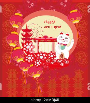 Mid-Autumn Festival for Chinese New Year- card with Maneki Neko Cat wishing Good Luck Stock Photo