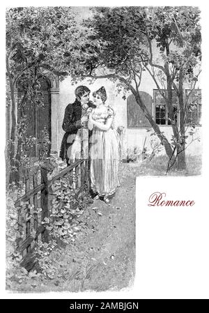 German satirical magazine, romance in the garden: young gentleman courts an inexperienced and cute girl away from prying eyes Stock Photo