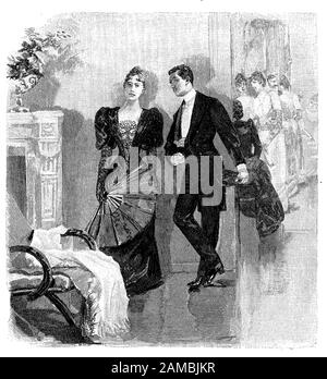 German satirical magazine, courting at the party: gentleman flirts quietly apart with a young woman with elegant evening gown and a broad fan Stock Photo