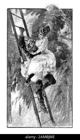German satirical magazine: elegant woman with fancy dress and fashionable hat flirts with the fireman carrying her in his arm on the rescue ladder away from the burning house Stock Photo