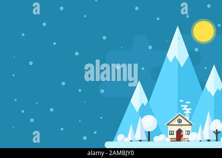 Winter daytime landscape. Houses on a background of mountains. Vector flat illustration. Stock Vector