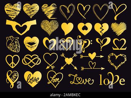 Gold hand drawn hearts, set of vector graphic design elements for Valentine's day card, wedding invitation Stock Vector
