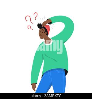 Confused african man need an answer and has some doubt. Vector illustration of young teenager needs professional help, support or more information. Is Stock Vector