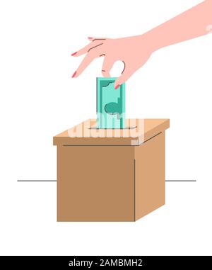 Donation concept. Female hand puts a dollar in a cardboard box. Flat vector illustration. Charity volunteer support. Social help banner. Idea of crowd Stock Vector