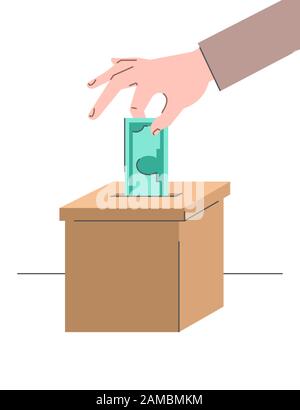 Donation concept. Male hand puts a dollar in a cardboard box. Flat vector illustration. Charity volunteer support. Social help banner. Idea of crowdfu Stock Vector