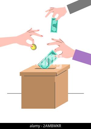 Donation concept. Male and female hands put money in a cardboard box. Idea of crowdfunding. Flat vector illustration. Charity volunteer support. Socia Stock Vector