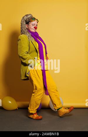 Portrait of real woman in clown costume for performance in childrens hospis Stock Photo