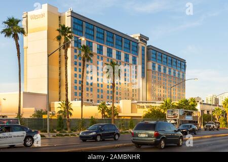 Las Vegas, Nevada, USA- 01 June 2015: Hotel Westin at Flamingo Road. Palms in front of, car on te street.
