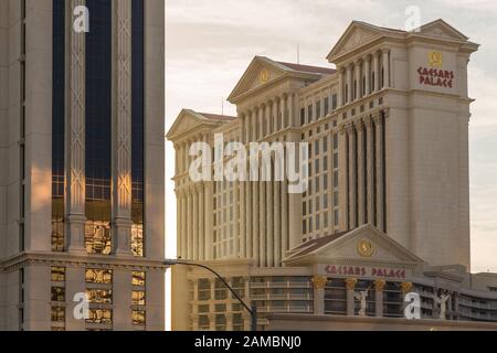Las Vegas, Nevada, USA- 01 June 2015: Hotel Caesars Palace at Flamingo Road. Elegant facade with the image of a Caesar, gold symbol. Stock Photo