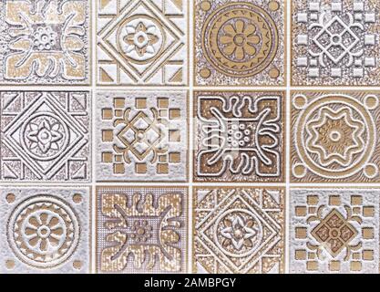 Ceramic tile with beige volumetric ornament. 3D ceramic tile background. Stock Photo