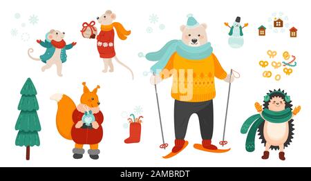 Winter holiday symbols bundle. Christmas celebration vector illustrations set. Cute animals isolated characters on white background. Stock Vector