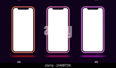 Phone mockup with neon border, red pink purple color. Modern set of phone templates with creative neon frame. Mobile screen mock up, copy space for UI Stock Vector