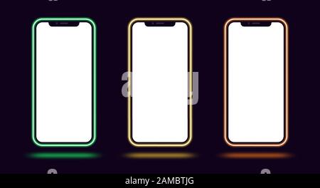 Phone mockup with neon border, green yellow orange color. Modern set of phone templates with creative neon frame. Mobile screen mock up, copy space fo Stock Vector