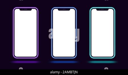Phone mockup with neon border, violet blue cyan color. Modern set of phone templates with creative neon frame. Mobile screen mock up, copy space for U Stock Vector
