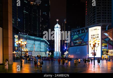 Chongqing, China - July 22, 2019: Jiefangbei Square an ultra-dense, urbanized downtown and central business district in the city of Chongqing, China Stock Photo