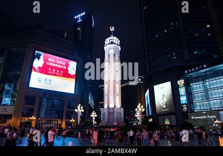 Chongqing, China - July 22, 2019: Jiefangbei Square an ultra-dense, urbanized downtown and central business district in the city of Chongqing, China Stock Photo