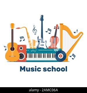 Composition with musical instruments and vinyl record. Music school invitation. Guitar, synthesizer, violin, cello, drum, cymbals, saxophone, accordio Stock Vector