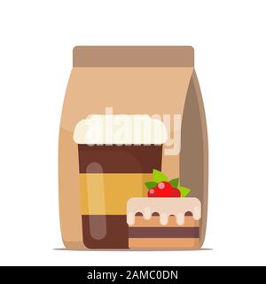 Coffee to go and cake. Fast food, cofffe to go, breakfast. Vector illustration in flat style Stock Vector