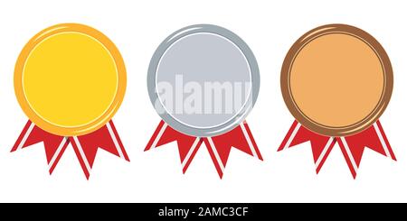 Medal with red ribbon set isolated on white background golden, silver, bronze template with empty space Stock Vector