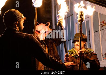 Wassailing at the Ethicurian restaurant, Barley Wood walled garden and orchard, Wrington, Somerset, UK. Wassail event, January 2020 Stock Photo