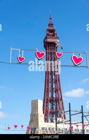 The Blackpool Tower from Ocean Boulevard, Promenade, Blackpool, Lancashire, England, United Kingdom Stock Photo