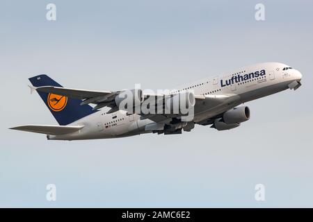 Frankfurt, Germany - April 22, 2018: Lufthansa Airbus A380 airplane at Frankfurt airport (FRA) in the Germany. Airbus is an aircraft manufacturer from Stock Photo