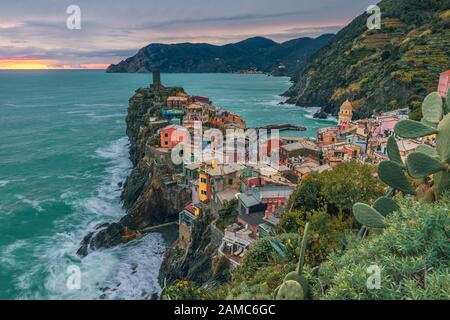 Beautiful view on village of Vernazza, on the Cinque Terre coast of Italy, Liguria at sunset Stock Photo