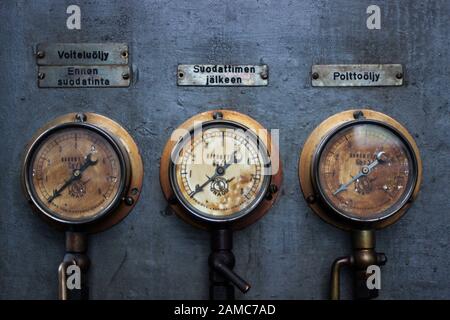 Dysfunctional gauges - part of Alvar Gullichsen artwork at Bonk Museum in Uusikaupunki, Finland Stock Photo