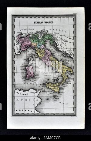 1834 Carey Map of Italy Rome Florence Naples Venice Sicily Stock Photo