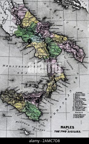 1834 Carey Map of South Italy Naples Sicily Palermo Syracuse Mesina Stock Photo