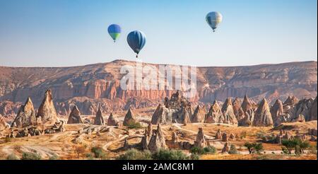 Hot air balloon flying over Cappadocia, Turkey Stock Photo
