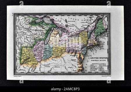 1834 Carey Map United States of America Northeastern and Midwestern States including Maine Massachusetts Connecticut Pennsylvania Ohio Indiana Illinois Missouri Michigan New York Stock Photo