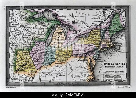 1834 Carey Map United States of America Northeastern and Midwestern States including Maine Massachusetts Connecticut Pennsylvania Ohio Indiana Illinois Missouri Michigan New York Stock Photo