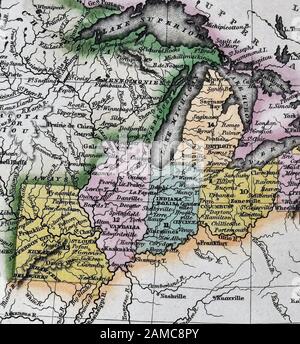 1834 Carey Map United States of America Northeastern and Midwestern States including Maine Massachusetts Connecticut Pennsylvania Ohio Indiana Illinois Missouri Michigan New York Stock Photo