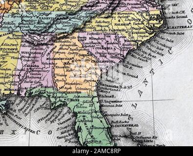 1834 Carey Map United States of America Southern States including Virginia Alabama Georgia Louisiana Mississippi Arkansas Tennessee Kentucky North and South Carolina Stock Photo