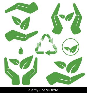 Hands holding green leaves vector illustration set isolated on white background. Stock Vector