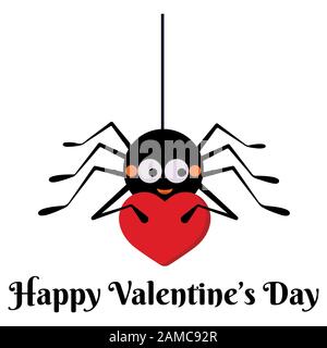 Cute black spider hanging on string of cobwebs with red heart isolated on white background. Stock Vector