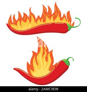 Red chilli pepper in fire flame icon set isolated on white background. Stock Vector