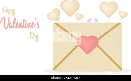 Happy Valentine's Day and love letter, composition with birds and hearts, vector illustration in a flat style Stock Vector