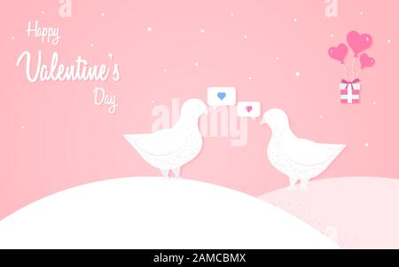 Happy Valentine's Day design concept, two doves in love, romantic composition in paper style, vector illustration on a pink background Stock Vector