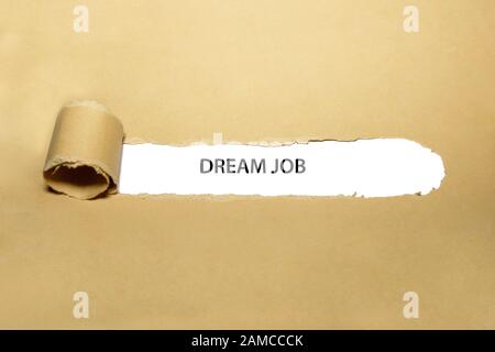 Printed text Dream Job appearing behind ripped brown paper. Concept about finding the perfect dream job. Stock Photo