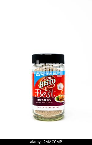 Glass jar of Bisto Best beef gravy. Stock Photo