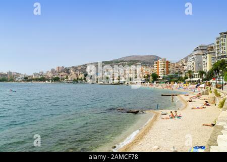 SARANDE, ALBANIA, September 11, 2019: Saranda Resort beach and cityscape Stock Photo