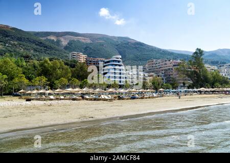 Ionian sea nad city beach in Vlora city in Albania, Europe. Stock Photo