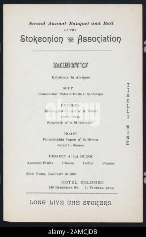 SECOND ANNUAL BANQUET (held by) STOKEONION ASSOCIATION (at) HOTEL COLOMBO, 149 BLEECKER STREET (NY) (HOTEL;)  SECOND ANNUAL BANQUET [held by] STOKEONION ASSOCIATION [at] HOTEL COLOMBO, 149 BLEECKER STREET [NY] (HOTEL;); SECOND ANNUAL BANQUET [held by] STOKEONION ASSOCIATION [at] HOTEL COLOMBO, 149 BLEECKER STREET [NY] (HOTEL;) Stock Photo