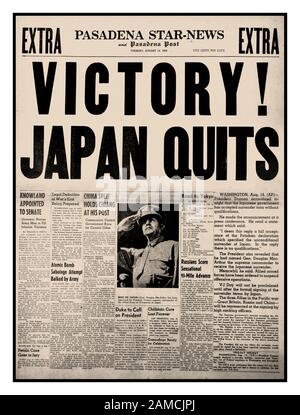 'VICTORY JAPAN QUITS'  WW2 World War II Japan Surrenders August 14 1945 Newspaper headline from Pasadena Star-News.. and Pasadena Post….’VICTORY! JAPAN QUITS’ Stock Photo